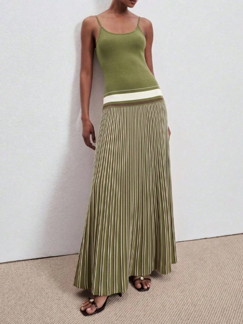Olive Green Striped Knit Maxi Dress with Colorblock Waist